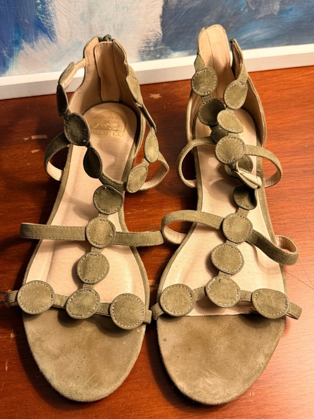 Olive Suede Circle-Accent Flat Sandals